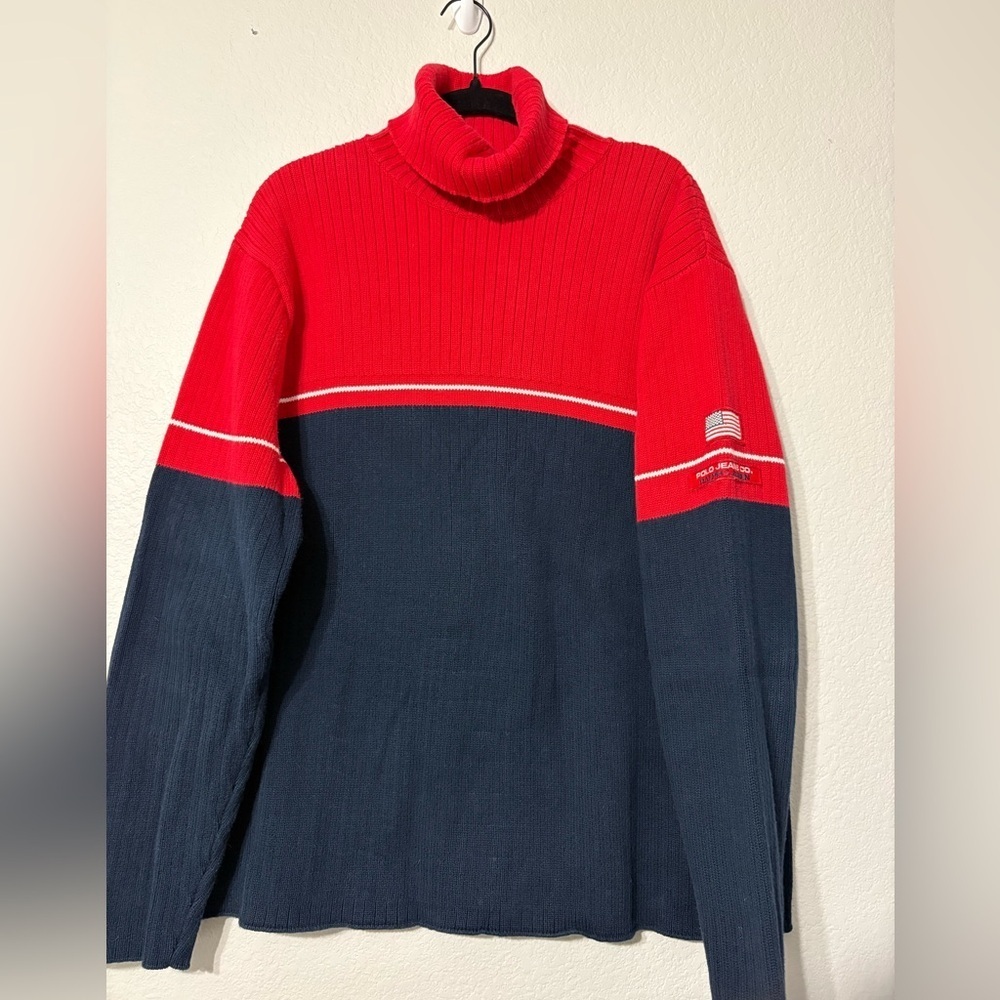 Ralph Lauren Red and Navy Colorblock Turtleneck Sweater